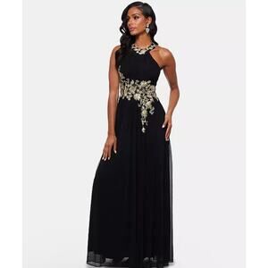 NWT Betsy & Adam Sleeveless Halter Embroidered Rhinestone Bodice Chiffon Gown 2